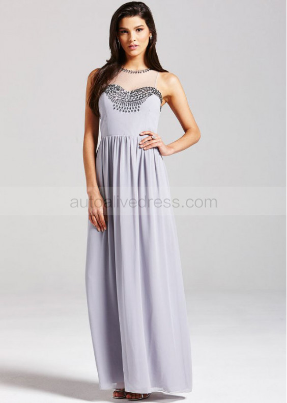 Gray Chiffon Sheer Neckline Long Prom Dress